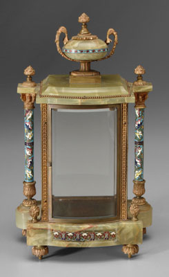 Appraisal: Green marble clock case blue-enameled and ormolu mounts urn pediment