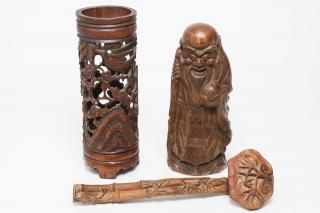 Appraisal: Chinese Carved Wood Figure Ruyi Wand Brush Pot Chinese carved