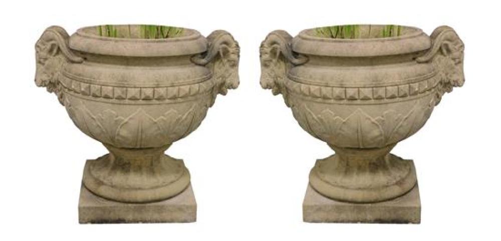 Appraisal: GARDEN Pair of Rams head urns English c rounded form