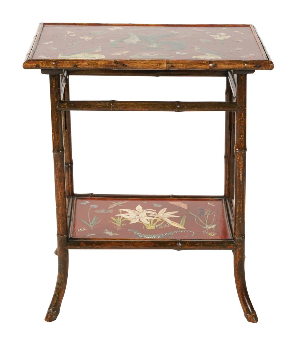 Appraisal: DECOUPAGED BAMBOO END TABLEthe top and under shelf each decorated