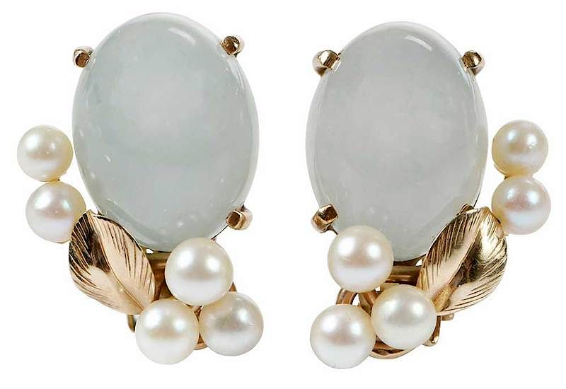 Appraisal: kt Gemstone and Pearl Earclips foliate design each with one