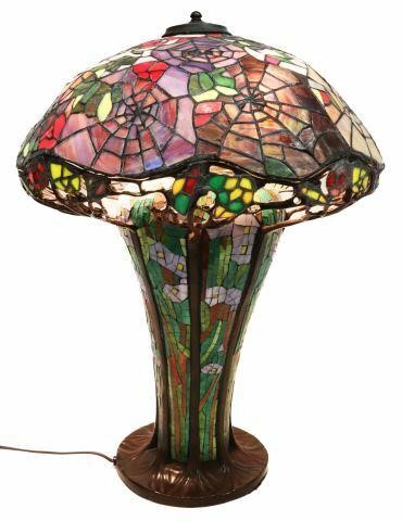 Appraisal: Tiffany style stained and leaded glass library lamp late th