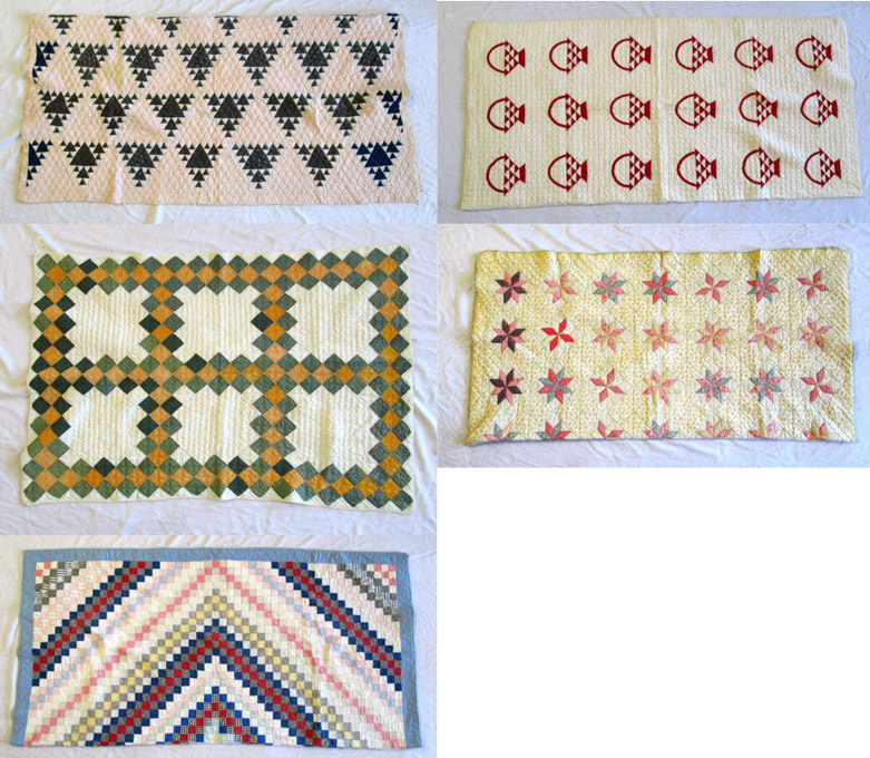 Appraisal: FIVE HAND STITCHED COTTON QUILTS Baskets appliqued and quilted red