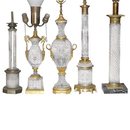 Appraisal: Group of Five Gilt-Metal Mounted Cut Glass Lamps Estimate nbsp