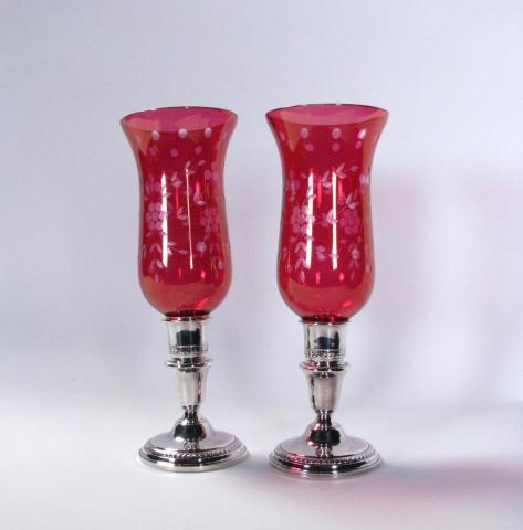 Appraisal: Pair of hurricane lamps with weighted sterling two-piece bases with