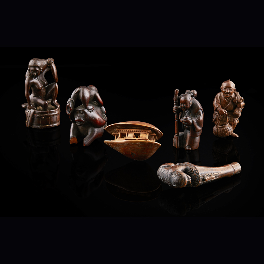 Appraisal: GROUP OF SIX WOOD CARVED NETSUKE MEIJI PERIOD comprising a