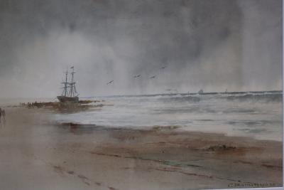 Appraisal: Charles Rutherford Beached Fishing Boat on a shore with rough