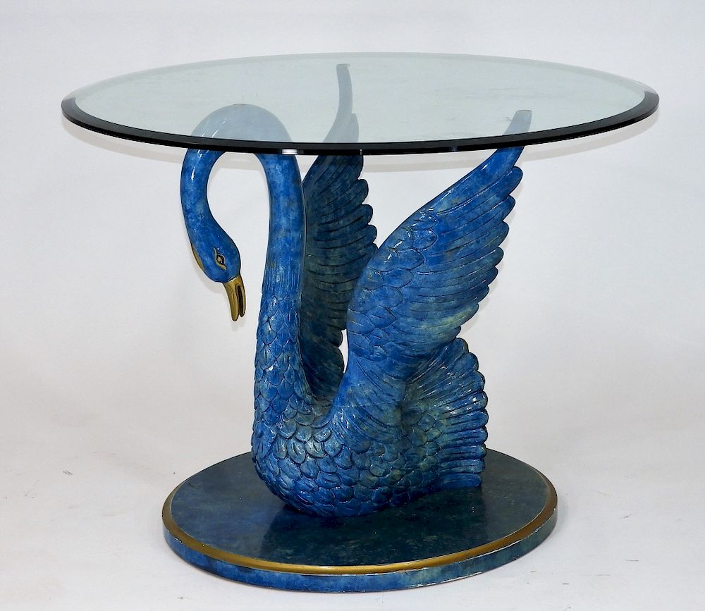 Appraisal: C Hollywood Regency Faux Lapis Swan Table United States Circa