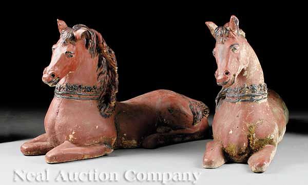 Appraisal: A Pair of Decorative Polychromed Stone Reclining Horses th c