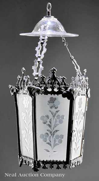 Appraisal: An American Classical T le Patinated Brass and Etched Glass