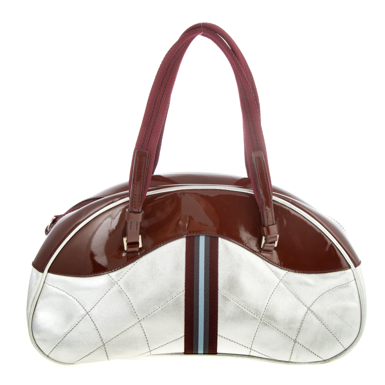 Appraisal: A PRADA BOWLING BAG A burgundy and silver leather and