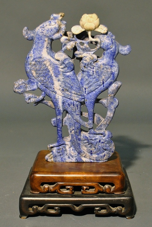 Appraisal: - Carved Chinese lapis lazuli bird figural group with lotus