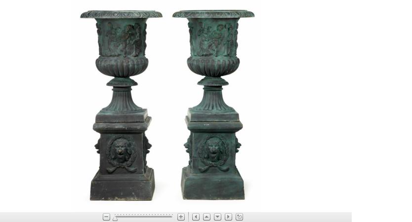 Appraisal: Large pair of Continental style cast iron garden urnsVerdigris patina