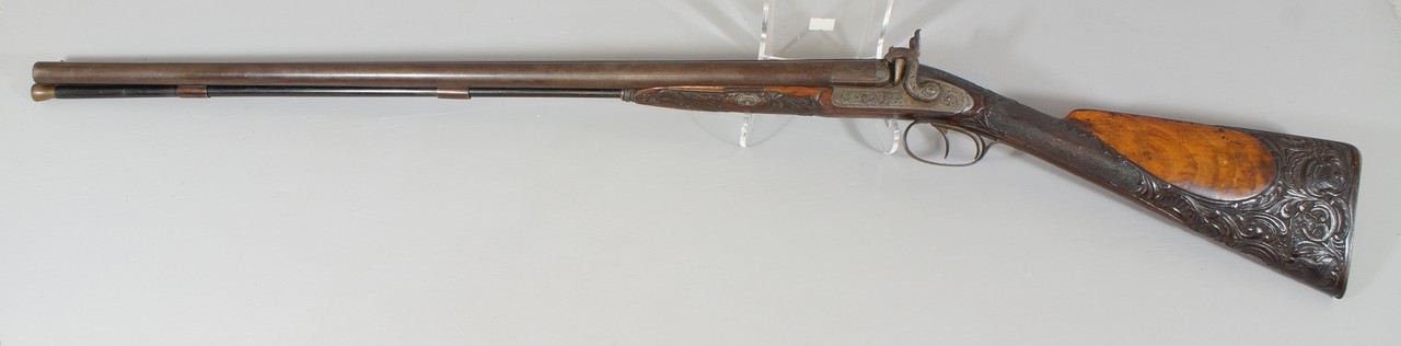 Appraisal: Carved walnut Belgian double barrel shotgun by Francois Schepers Mont