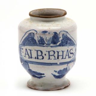 Appraisal: Diminutive English Delft Drug Jar probably th century the elongated