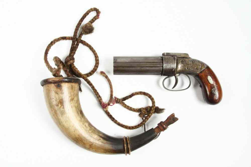 Appraisal: PEPPER BOX PISTOL POWDER HORN - Walnut Grip -Shot Pepperbox