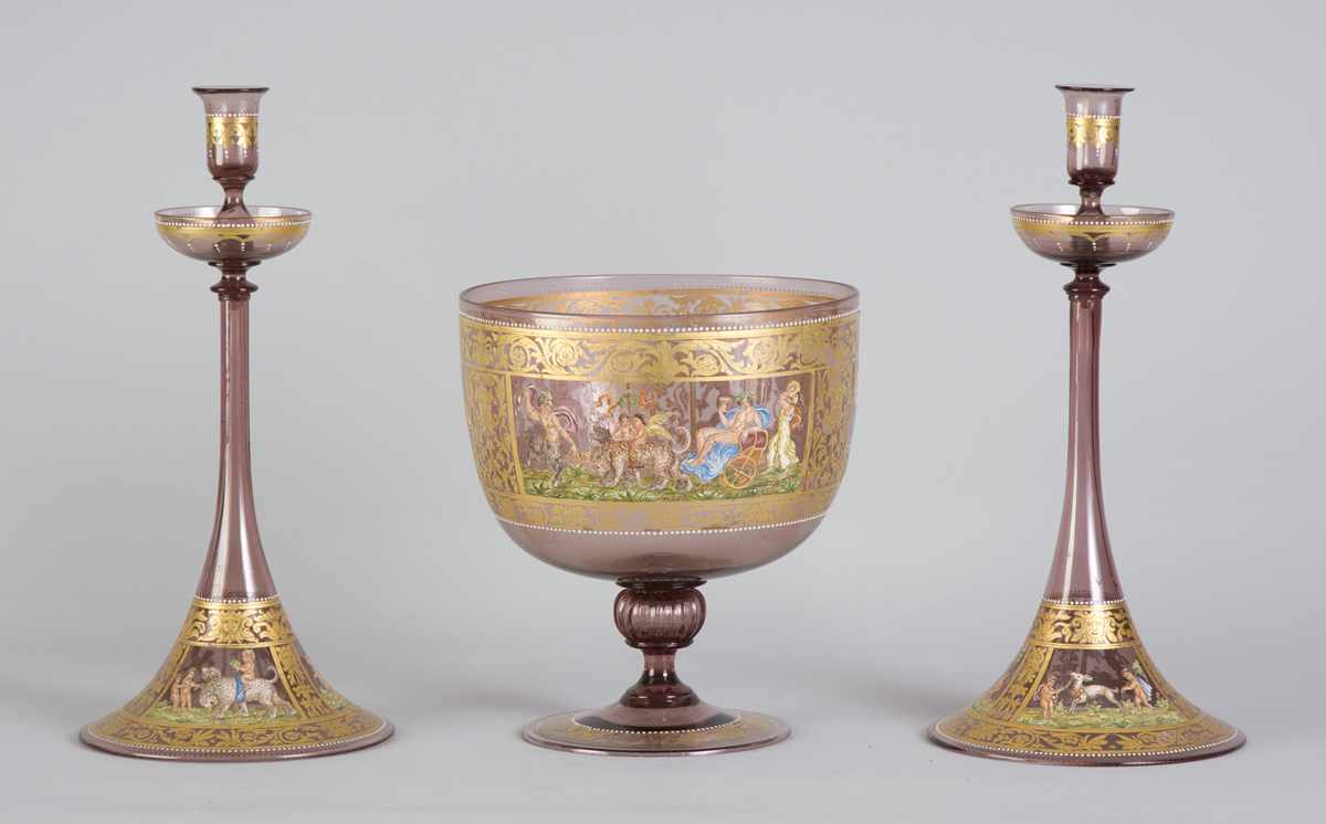 Appraisal: Centerbowl Matching Candlesticks w Enameled Gold Classical Figural Decoration Hand