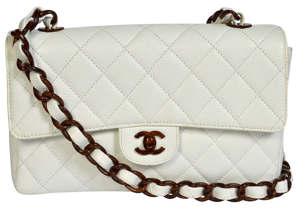 Appraisal: Rare White Leather CHANEL Bag w Tortoise Accents Rare vintage