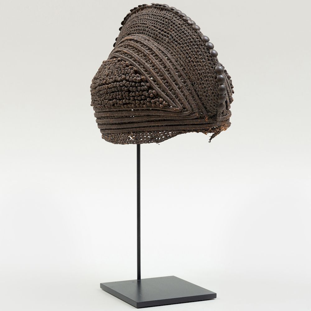 Appraisal: West African Woven Fiber Cap on Stand possibly Mbala Now