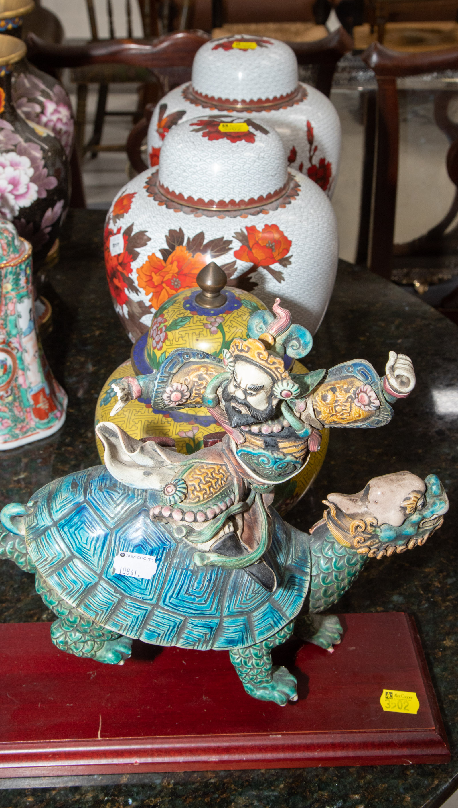 Appraisal: THREE CHINESE CLOISONNE JARS CERAMIC FIGURAL TILE Comprising a pair