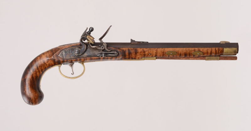 Appraisal: KENTUCKY STYLE FLINTLOCK PISTOL Contemporary brass-mounted tiger maple stocked rifled