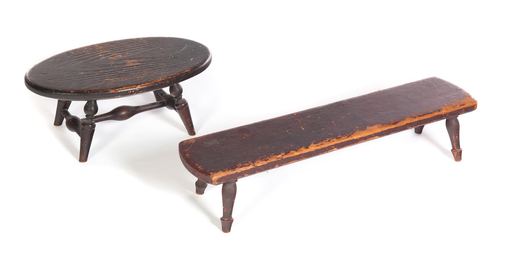 Appraisal: TWO AMERICAN FOOTSTOOLS Nineteenth century Turned feet and old brown