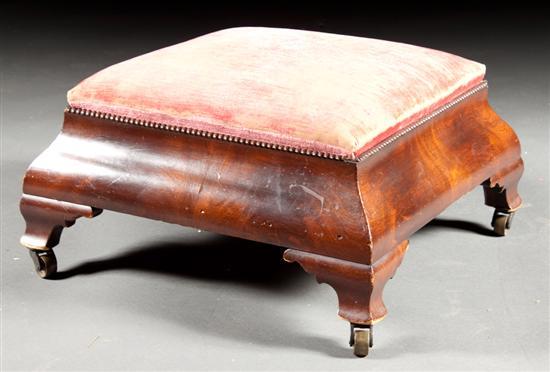 Appraisal: American Restoration carved mahogany upholstered foot stool circa ogee molded