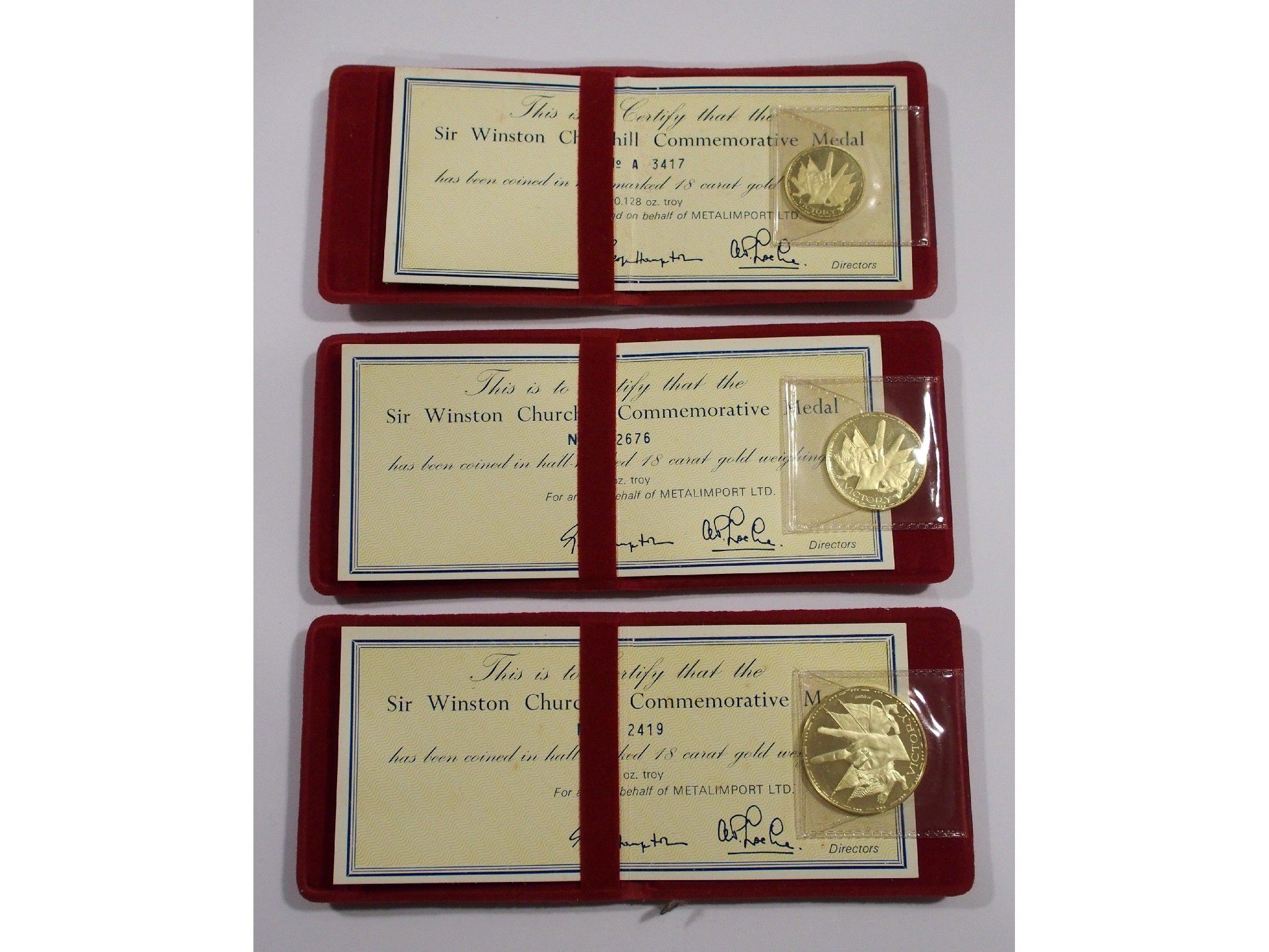 Appraisal: Three ct gold Winston Churchill commemorative medallionswith certificates Metal Import