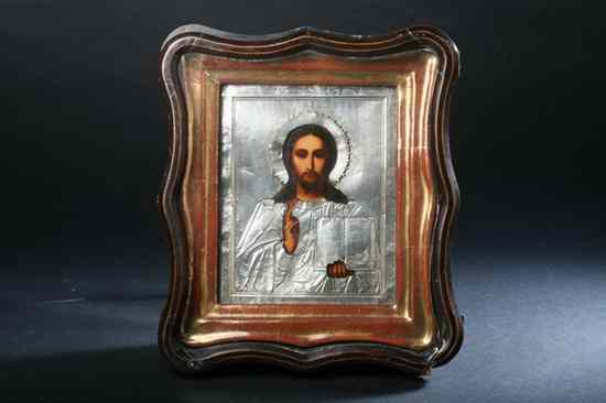 Appraisal: RUSSIAN ICON CHRIST PANTOCRATOR A Cyrillic maker's mark Kokoshnik mark