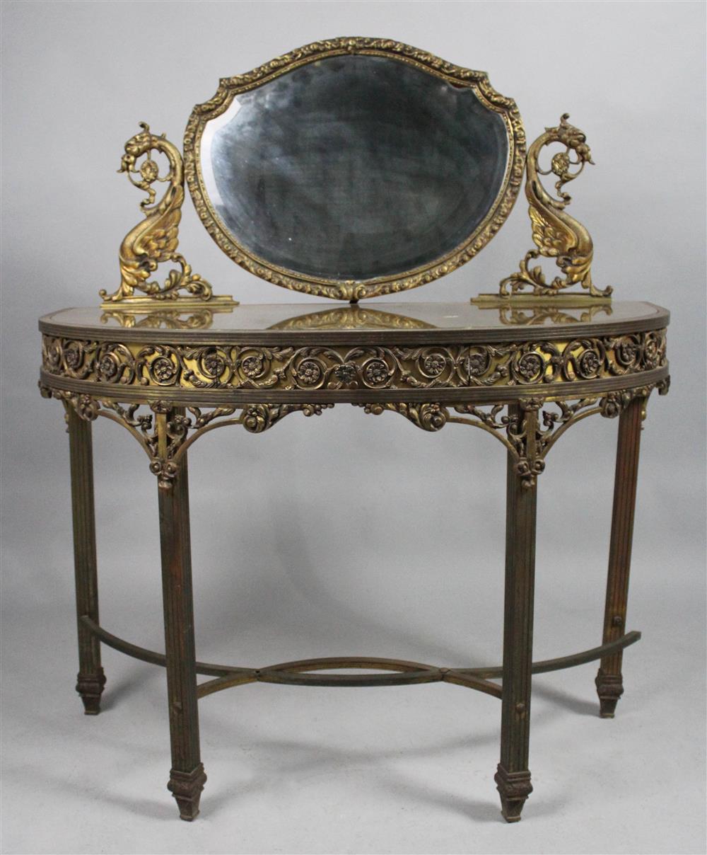 Appraisal: BRADLEY AND HUBBARD STYLE ORNATE BRASS MOUNTED DEMILUNE DRESSING TABLE