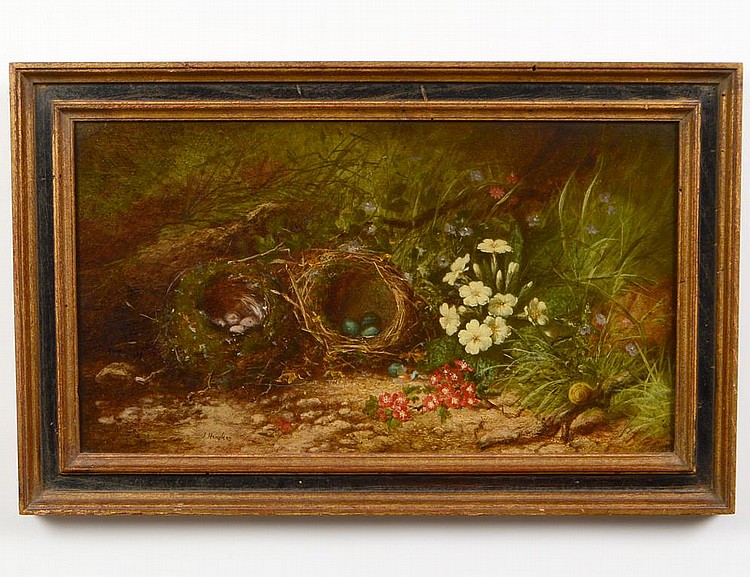 Appraisal: ENGLISH SCHOOL TH CENTURY Landscape with Bird Nests and Flowers