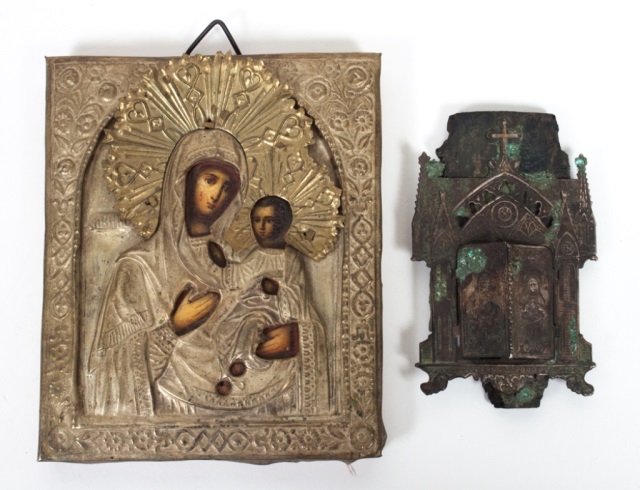 Appraisal: Small Russian icon with gilt-metal cover early th century X