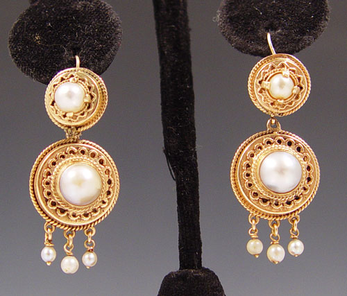 Appraisal: K MABE PEARL DANGLE EARRINGS K yellow gold earrings Double