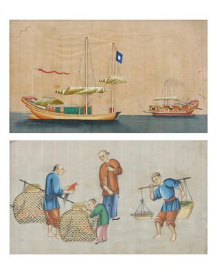 Appraisal: Four Chinese rice paper paintings two of sailing boats the