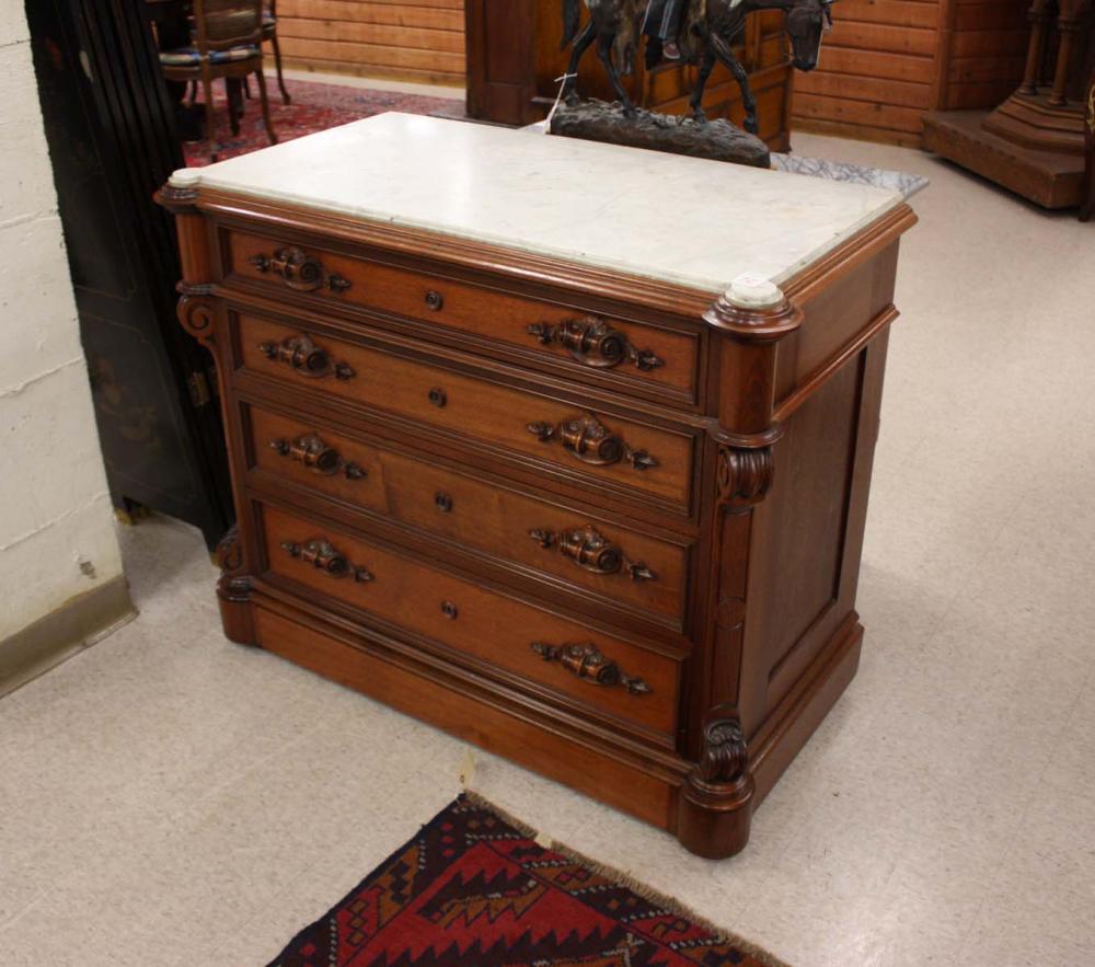 Appraisal: VICTORIAN MARBLE-TOP WALNUT CHEST Renaissance Revival style American th century