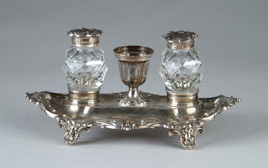 Appraisal: SILVER DOUBLE INKWELL Exceptional double inkwell has pierced silver frame