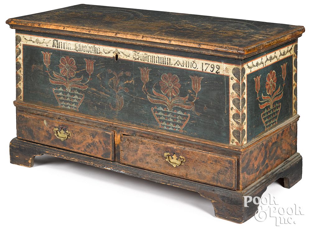 Appraisal: Pennsylvania painted pine dower chest dated Pennsylvania painted pine dower