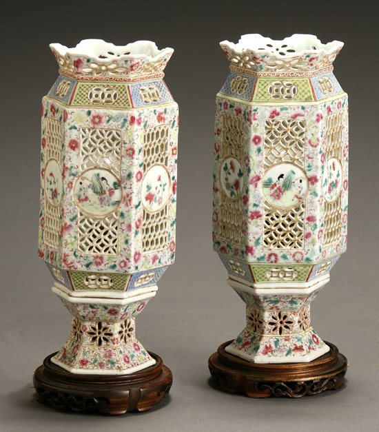 Appraisal: Pair of Chinese 'Famille Rose' Biscuit Pierced Hexagonal Bridal Lamps