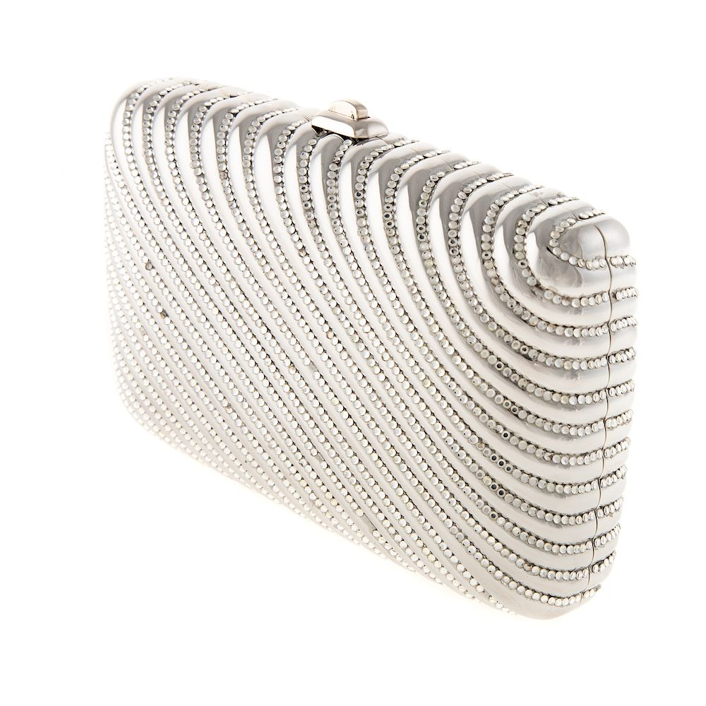 Appraisal: A Judith Leiber Embellished Minaudiere Silver crystal-embellished minaudiere with single