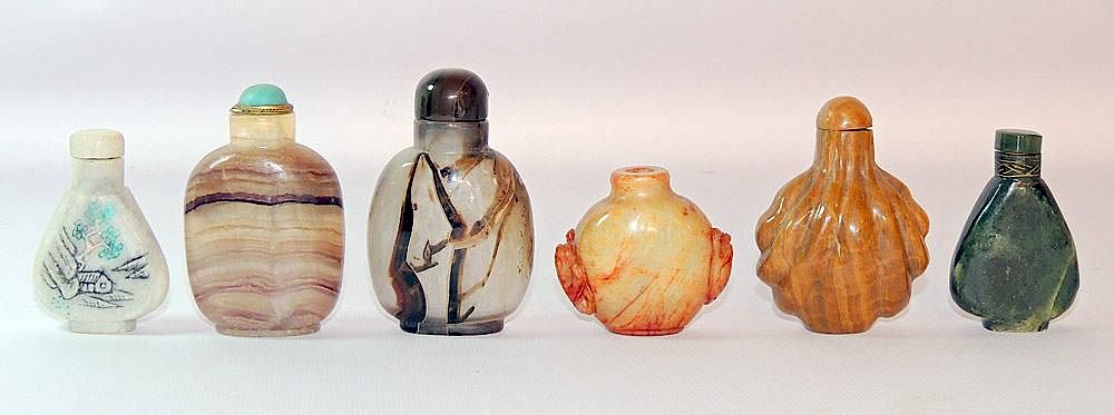 Appraisal: Six Hardstone Snuff Bottles Six hardstone snuff bottles Largest -