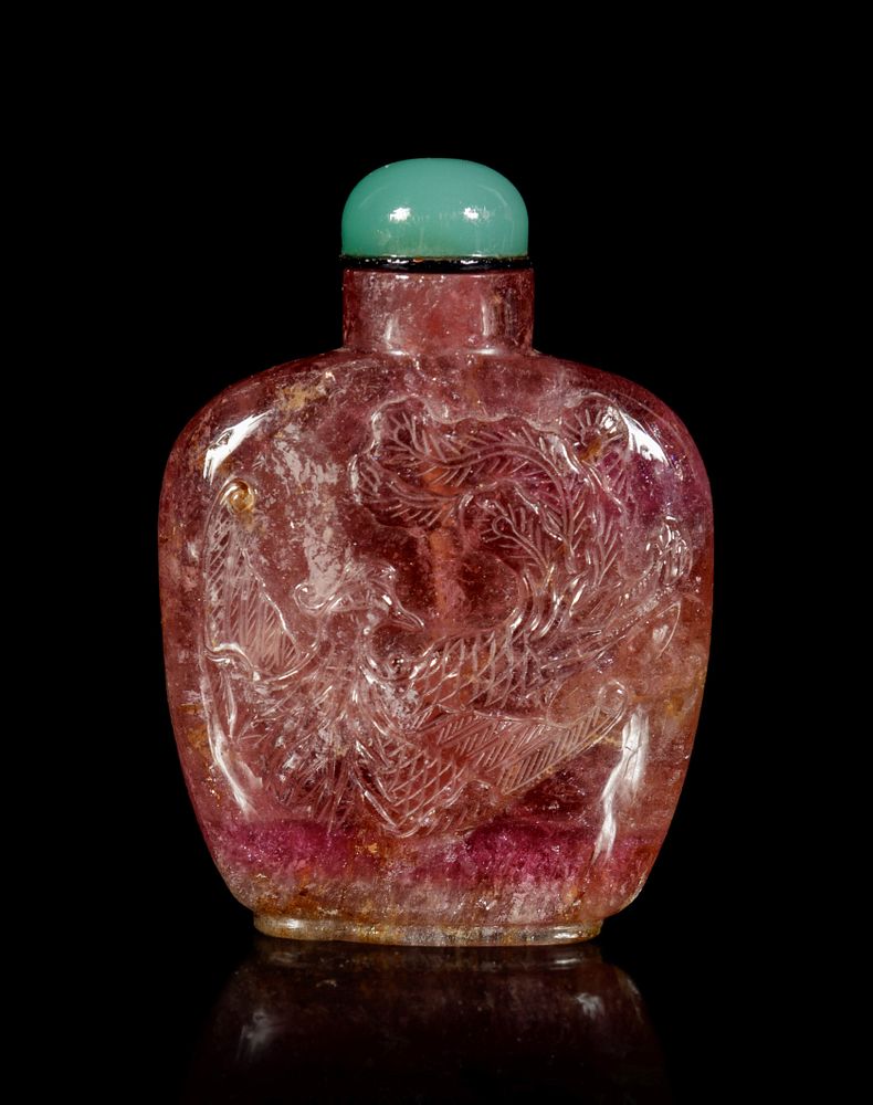 Appraisal: A Tourmaline 'Dragon and Phoenix' Snuff Bottle Height overall in