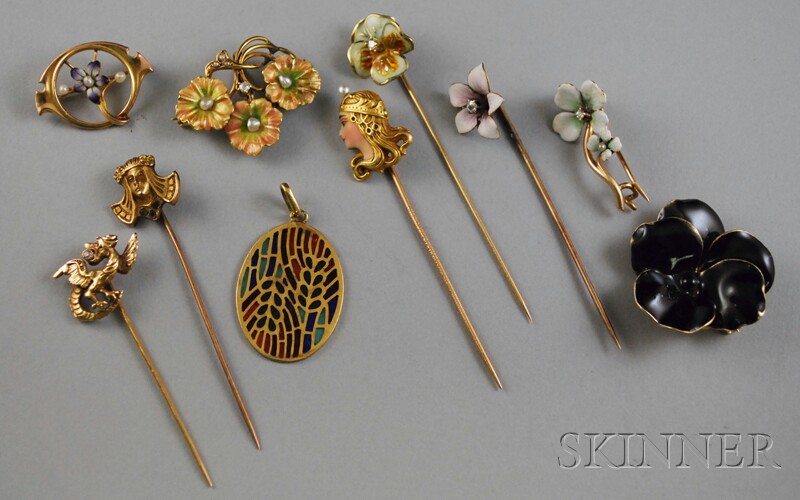 Appraisal: Group of Mostly Gold Art Nouveau Jewelry five gem-set stickpins