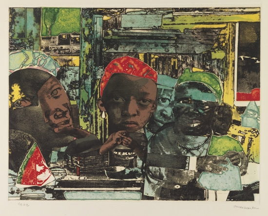 Appraisal: ROMARE BEARDEN - The Train Color aquatint etching and photo