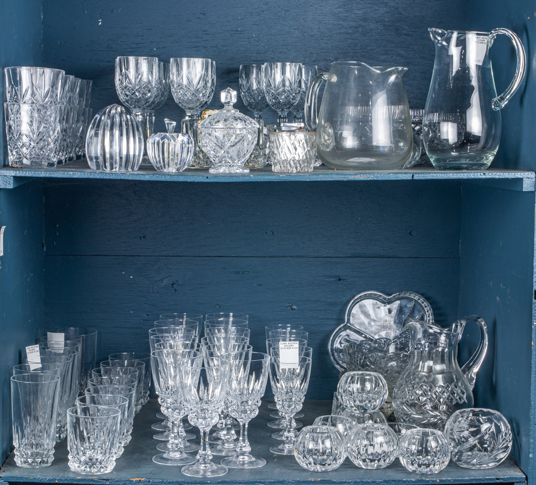 Appraisal: TWO SHELVES OF STEMWARE SERVING BOWLS PAPERWEIGHTS ETC Two shelves