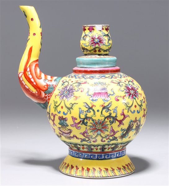 Appraisal: Chinese famille rose enameled porcelain yellow ground ewer with six-character