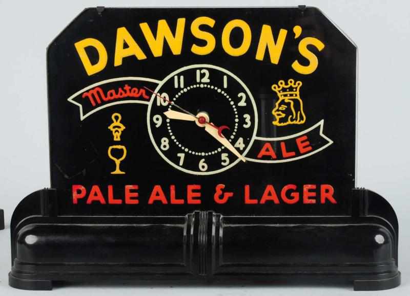 Appraisal: Dawson's Ale Reverse Glass Light-Up Sign Clock Nice Art Deco