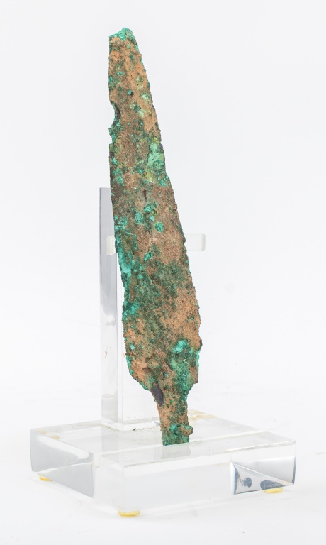 Appraisal: ARCHAIC BRONZE SPEAR HEAD Archaic verdigris bronze spear or dagger