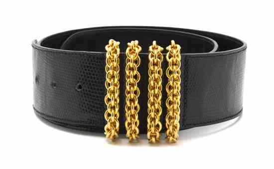 Appraisal: A Paloma Picasso Black Lizardskin Belt goldtone chainlink buckle Stamped