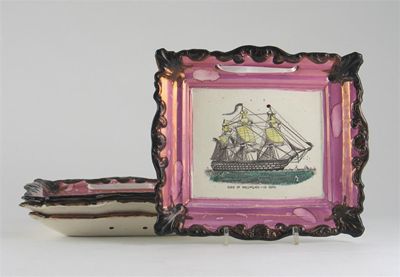 Appraisal: Four Sunderland pink lustreware plaques with copper lustre borders three