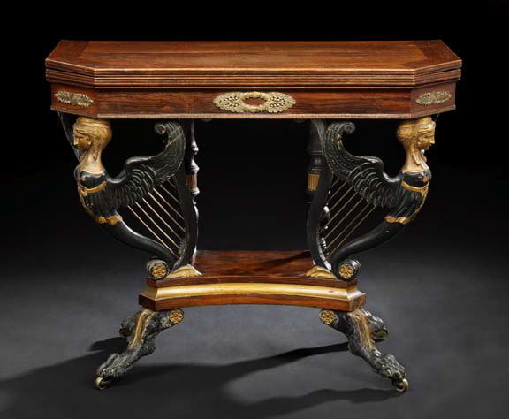 Appraisal: Important American Classical Parcel-Gilt Ebonized and Ormolu-Mounted Rosewood Games Table